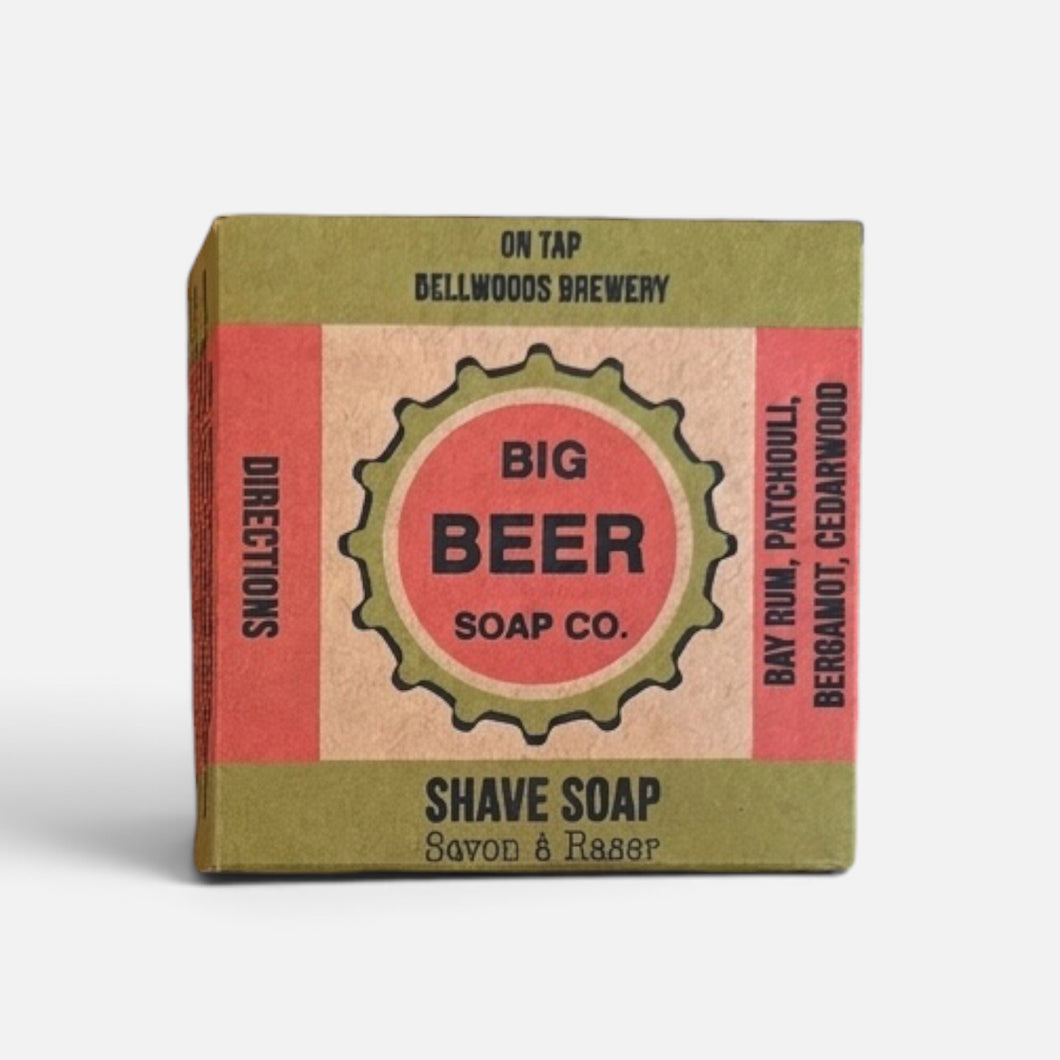 A shave puck scented with Bay Rum packaged in a box