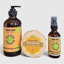 A combination of liquid hand and body soap, solid dish, soap and Natural Room Spray
