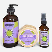 a combination of natural room spray solid dish soap and liquid hand soap scented with lavender.