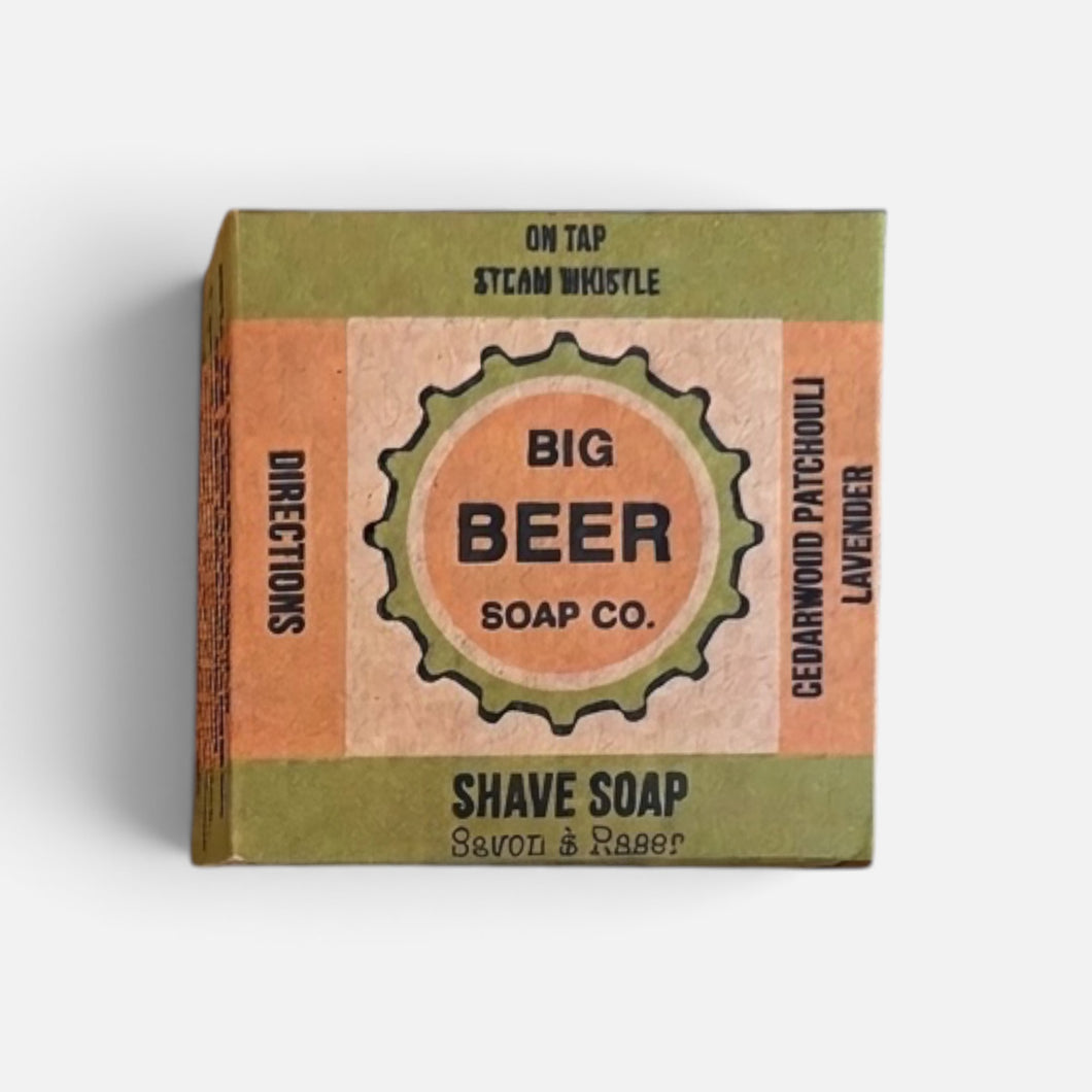 Shave Puck scented with cedarwood patchouli and lavender packaged in a box